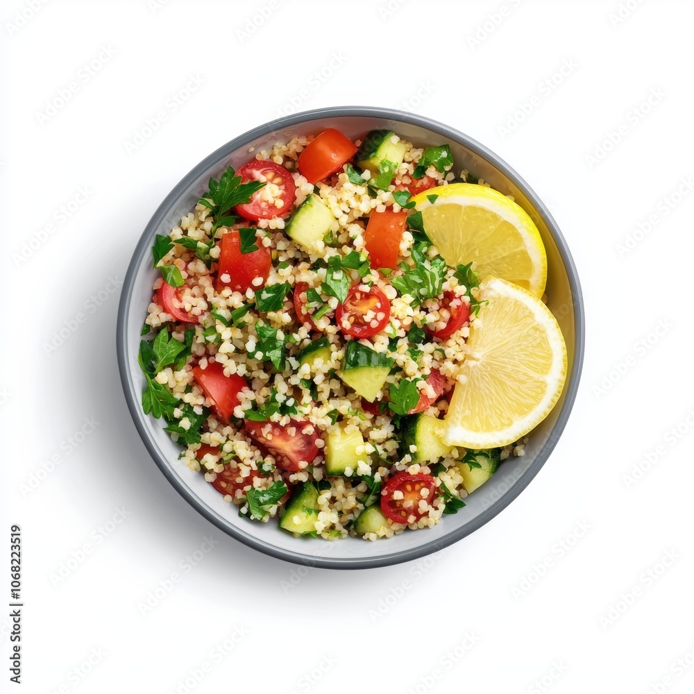 a bowl of tabbouleh with parsley, tomatoes, and bulgur, fresh and healthy, Middle Eastern cuisine, isolated on white background