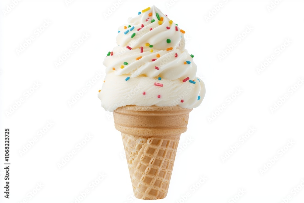 a cone of vanilla ice cream with sprinkles, smooth and creamy texture, sweet treat for hot days, isolated on white background a cone of vanilla ice cream with sprinkles, smooth and creamy texture, sweet treat for hot days, isolated on white background