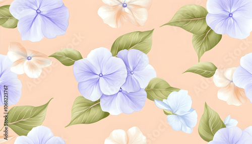 A seamless pattern of pastel purple and white flowers with green leaves on a light peach background.