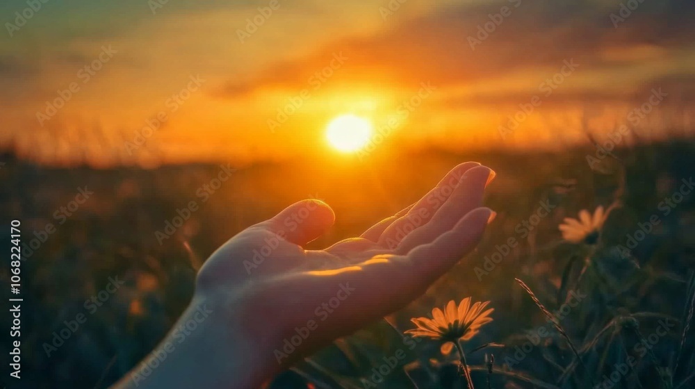 Fototapeta premium Hand holding sun in vibrant sunrise or sunset, evoking awe, with blurred background - powerful nature concept.