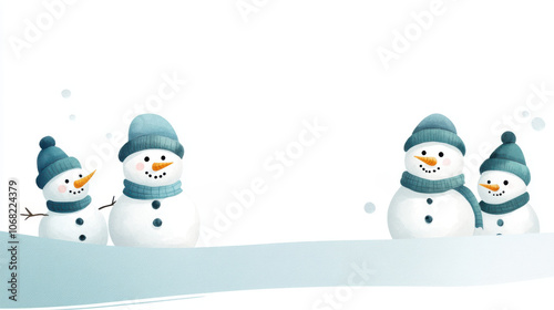 Cheerful snowman family in front of snowy house, wearing blue hats and scarves, enjoying winter season photo