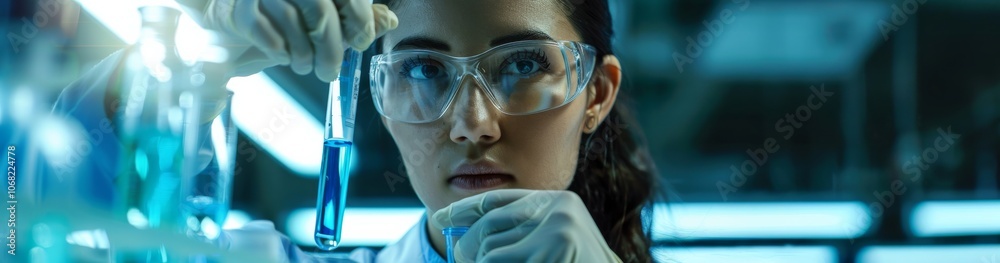 Female scientist is conducting research in laboratory with blue liquid in a test tube. She wears safety goggles and gloves. The image represents modern scientific innovation and analysis Female scientist is conducting research in laboratory with blue liquid in a test tube. She wears safety goggles and gloves. The image represents modern scientific innovation and analysis