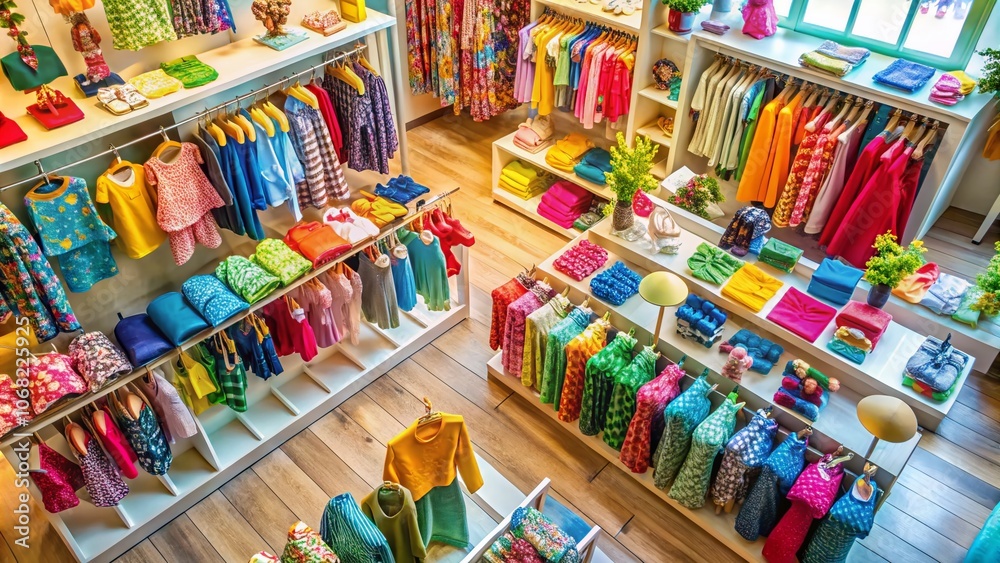 Fototapeta premium Aerial View of Colorful Children’s Clothing Hanging on Hangers in a Retail Shop, Showcasing a Vibrant Collection of Outfits for Kids in a Brightly Lit Environment