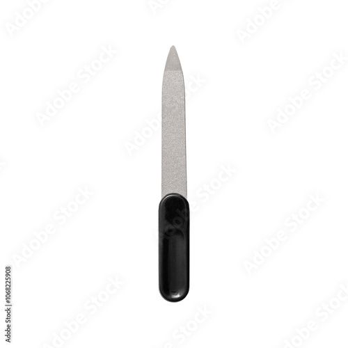 Nail file with black grip on transparent background isolated. Personal metal nail file macro close up shot isolated on white background top view.