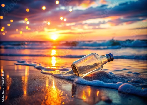 Enchanting Message in a Bottle on a Tranquil Beach at Sunset, Surrounded by Shimmering Bokeh Lights and Gentle Waves, Evoking a Sense of Mystery and Discovery in Nature's Embrace