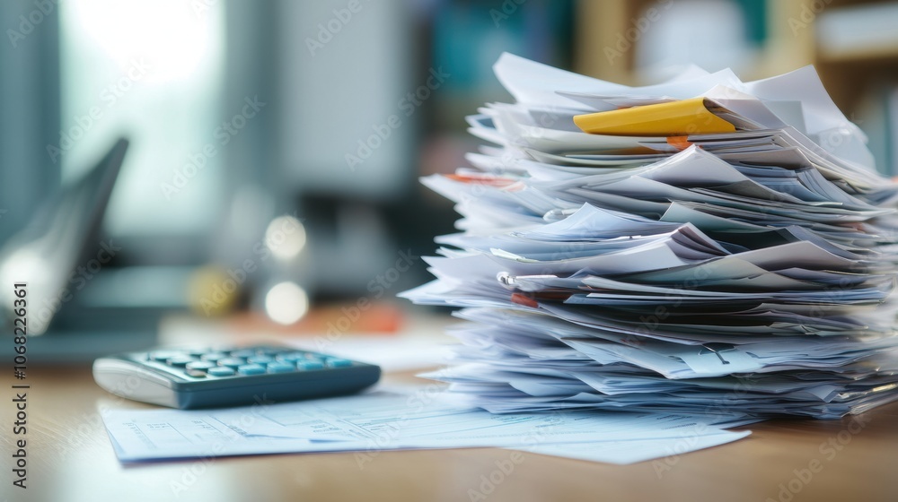 A large stack of paperwork and documents with a calculator on a desk, representing workload, organization, and office life. A large stack of paperwork and documents with a calculator on a desk, representing workload, organization, and office life.