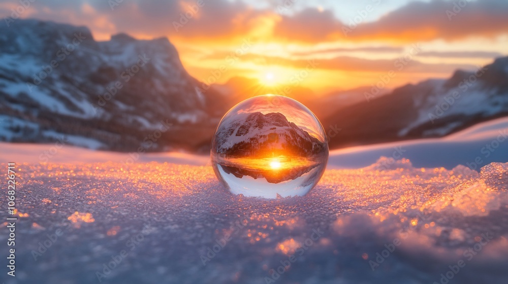 A crystal ball sits on a snowy mountaintop, reflecting a breathtaking sunset over a range of snow-capped peaks. A crystal ball sits on a snowy mountaintop, reflecting a breathtaking sunset over a range of snow-capped peaks.