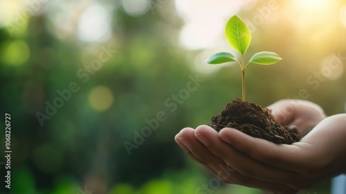 Hands holding a young plant in soil, symbolizing growth, sustainability, and nurturing the environment. photo