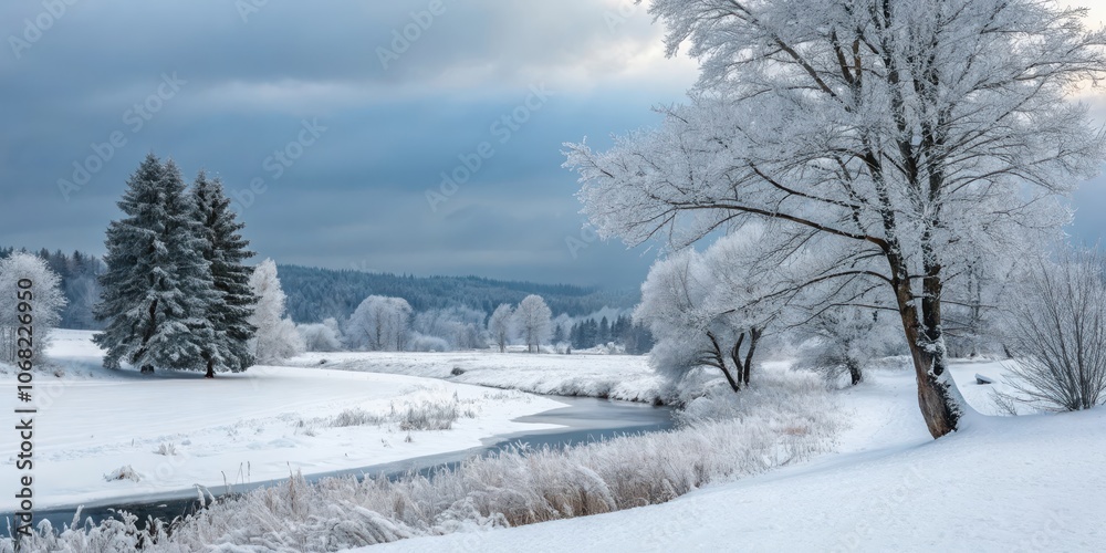 A Frosty Winter Scene with a Meandering River Through a Snow-Covered Field and a Forest in the Distance A Frosty Winter Scene with a Meandering River Through a Snow-Covered Field and a Forest in the Distance