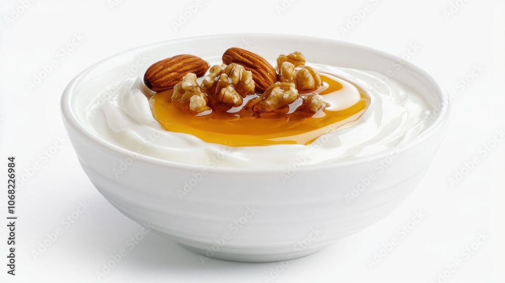a bowl of Greek yogurt topped with honey and nuts, creamy and nutritious, perfect for a balanced breakfast, isolated on white background a bowl of Greek yogurt topped with honey and nuts, creamy and nutritious, perfect for a balanced breakfast, isolated on white background