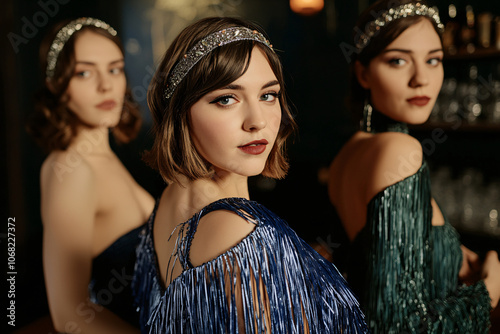 Roaring Twenties, female models in fringed dresses and vintage headbands, posing at a retro speakeasy bar photo