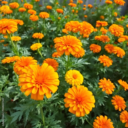 realistic marigold flower in garden. marigold flower blossom on the garden, flower yellow and orange marigold flowers for decorate garden.