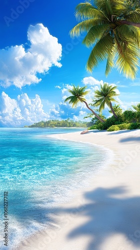 Idyllic Tropical Beach with Palm Trees and Turquoise Water.