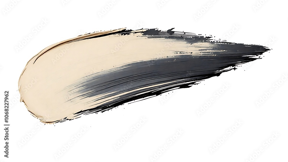 Fototapeta premium A bold brushstroke of beige and black paint on a white background, blending textures and contrasting colors