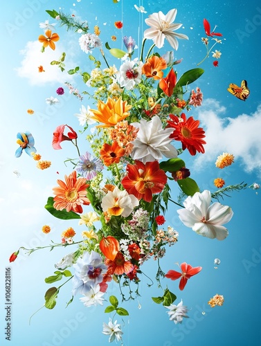 Floating Floral Bouquet Against Blue Sky.