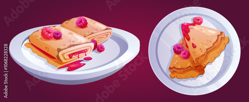 Pancakes served with raspberries set isolated on background. Vector cartoon illustration of rolled and folded thin fried pan cakes with sweet berry jam on plate, top view, cafe breakfast menu icons