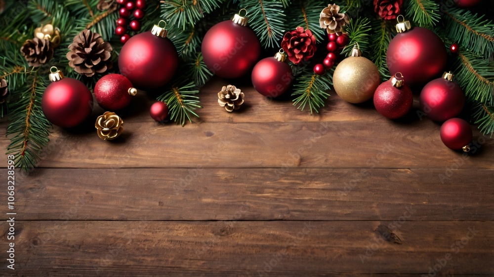 christmas ornament and festive decor on wooden background with copy space for text christmas ornament and festive decor on wooden background with copy space for text