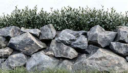 A wall made of large gray boulders with green bushes on top.