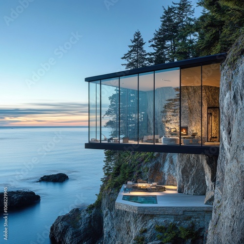 Coastal Modernist Glass Retreat, a sleek structure resting on a cliff, offering panoramic ocean views and seamless integration with nature. photo