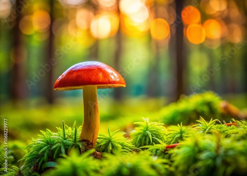 Enigmatic Small Toxic Mushroom Entoloma Vernum Thriving in Lush Green Moss within a Tranquil Woodland Environment Captured with Tilt-Shift Photography Technique photo