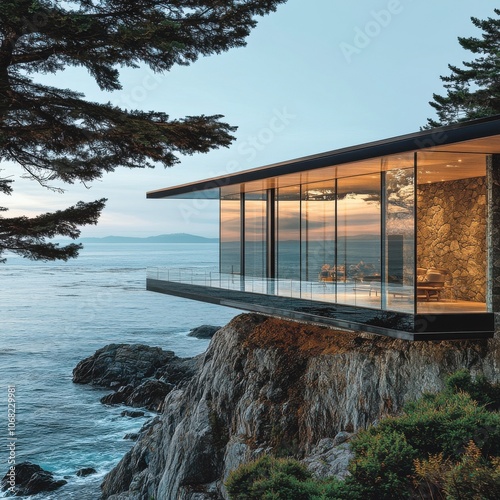 Coastal Modernist Glass Retreat, a sleek structure resting on a cliff, offering panoramic ocean views and seamless integration with nature. photo