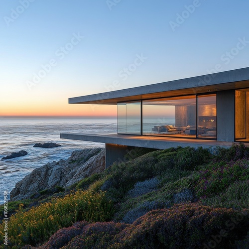 Coastal Modernist Glass Retreat, a sleek structure resting on a cliff, offering panoramic ocean views and seamless integration with nature. photo