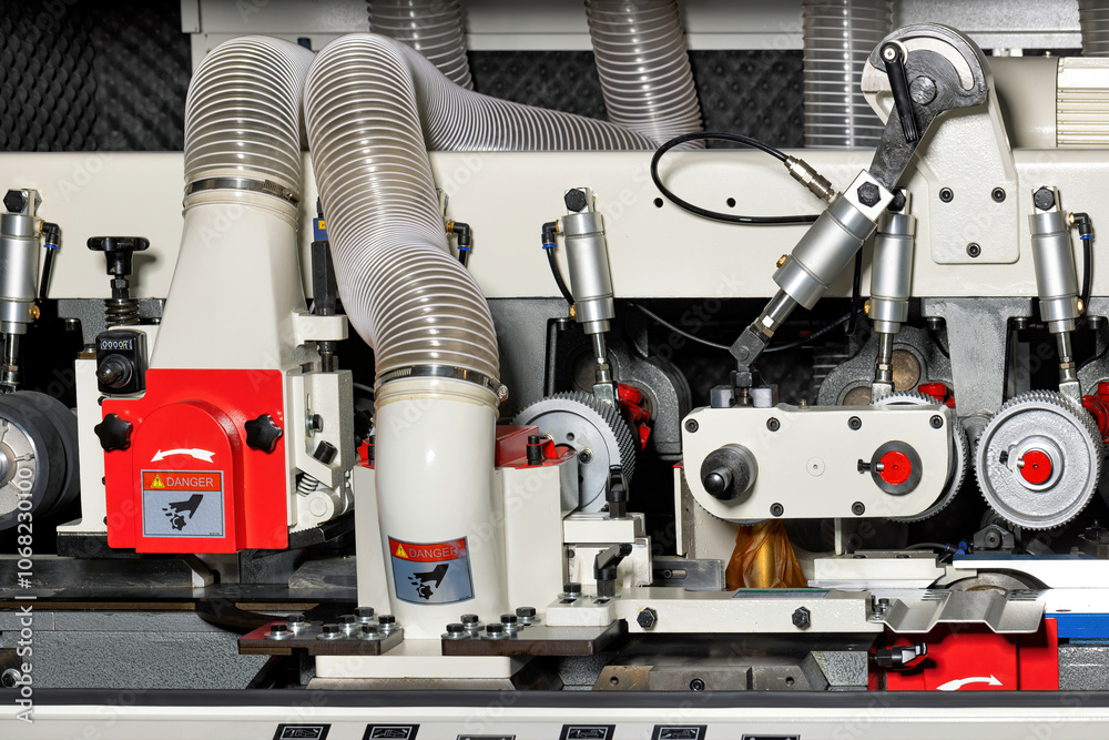 Precision woodworking machinery in action at a workshop during daytime operations