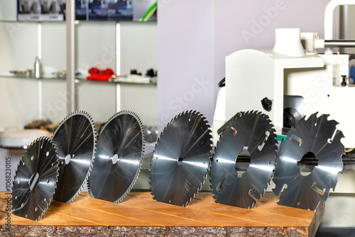 Various circular saw blades displayed on a wooden table in a workshop setting for tools enthusiasts