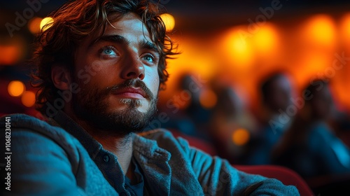 a thoughtful man sitting in an auditorium, illuminated by soft stage lights. thoughtful man in auditorium during event