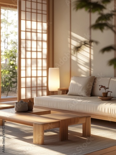 Japandi interior design composition of a living room with elegant furniture and an interplay between lighting and shadows.