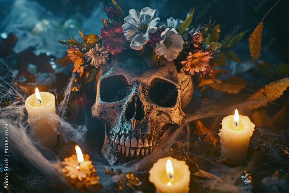 Spooky Skull with Floral Crown and Candles Spooky Skull with Floral Crown and Candles