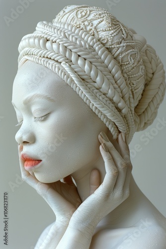 A serene figure with intricate white headwear poses gracefully, showcasing artistry in hair and makeup in a softly illuminated studio environment