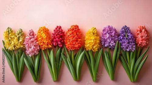 A row of colorful hyacinth flowers arranged in a rainbow pattern on a pink background. photo