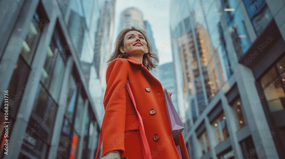 Fototapeta premium A confident woman wearing a stylish red coat is strolling through the city center, carrying shopping bags. She is enjoying the modern urban environment with chic streets and buildings