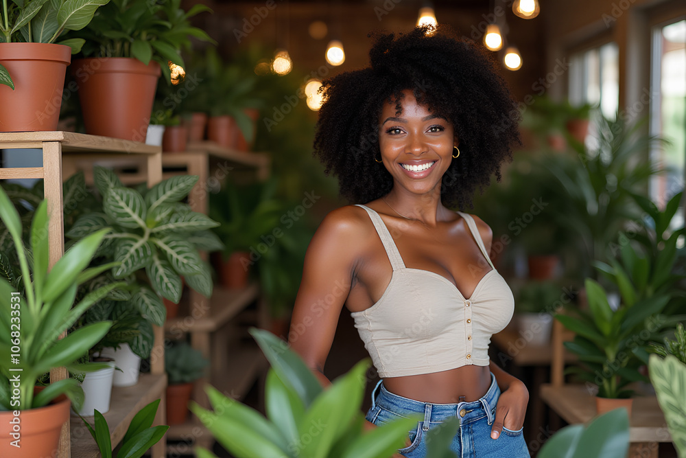 Smiling attractive female small business owner in her plant shop