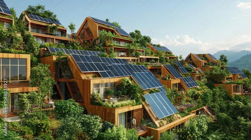 A hillside community of sustainable homes with solar panels and green roofs. A hillside community of sustainable homes with solar panels and green roofs.