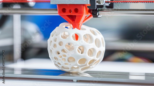 A 3D printer creates a white, hollow sphere with a lattice design.
