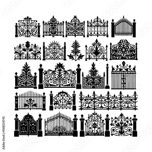 Decorative fence silhouette vector. Iron gate & fence vector icon silhouette illustration