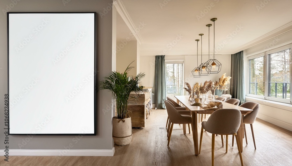 Fototapeta premium Bright dining and living room interior with empty white poster
