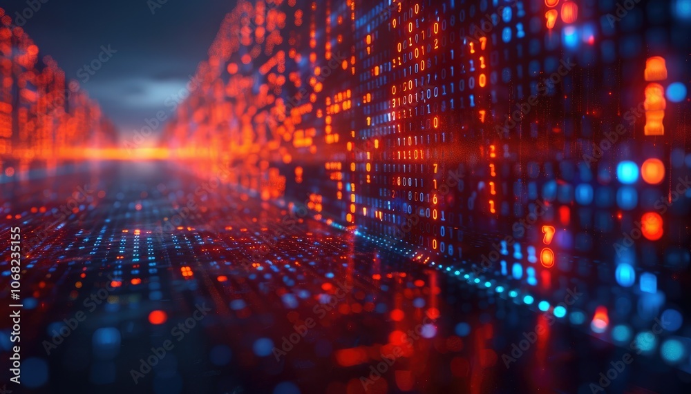 Abstract Digital Landscape with Binary Code and Neon Lights Abstract Digital Landscape with Binary Code and Neon Lights