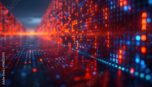 Wallpaper Mural Abstract Digital Landscape with Binary Code and Neon Lights Torontodigital.ca