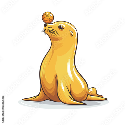 Sea lion with ball. Vector illustration isolated on a white background. 