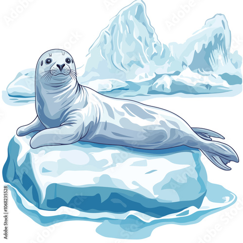 seal on ice floe vector illustration isolated on white background. 