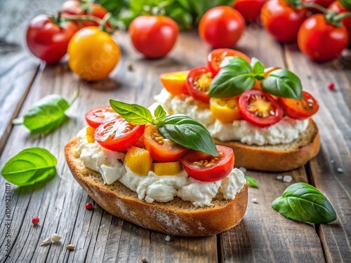 Fresh Italian Bruschetta with Cottage Cheese, Tomatoes, and Basil on a White Wooden Background - Perfect for Healthy Snack Ideas and Mediterranean Cuisine Inspiration