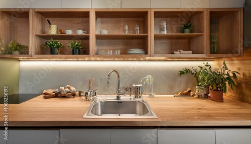 Cozy home kitchen interior with washbasin and stove, empty space