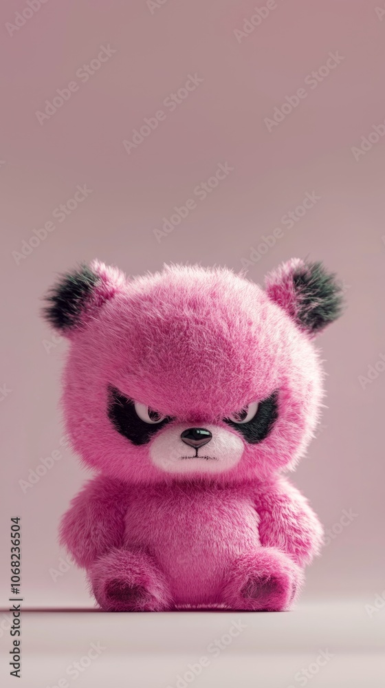 Pink fluffy bear with an angry expression sitting against a neutral background, with soft lighting and stylized fur details. Pink fluffy bear with an angry expression sitting against a neutral background, with soft lighting and stylized fur details.