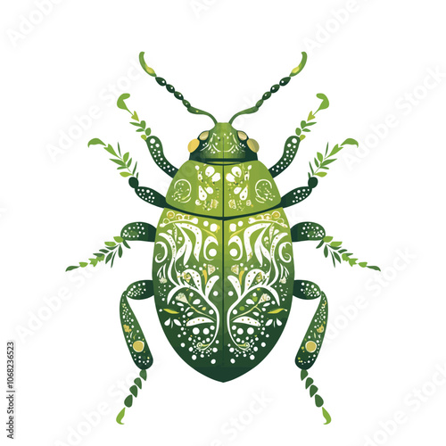 Stylized beetle with green ornament on white background. Vector illustration. 