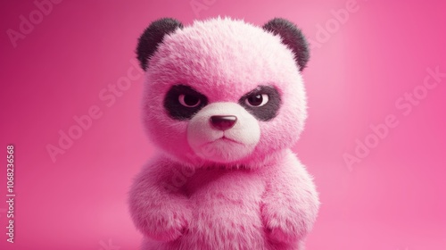 Adorable pink panda with a serious expression, standing against a matching pink background. Soft, fluffy textures in a playful, vibrant illustration style.