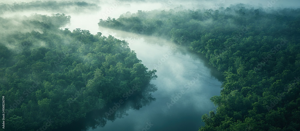 Misty River Flowing Through Lush Green Forest Misty River Flowing Through Lush Green Forest
