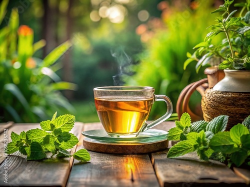 Fresh Natural Melissa Herbal Tea in a Glass Cup Surrounded by Lush Greenery, Showcasing Architectural Elements of a Serene Outdoor Setting with a Focus on Tranquility and Wellness